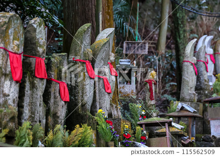 Jizo statues on the approach to the inner shrine of Hozan-ji Temple in Ikoma City, Nara Prefecture 115562509