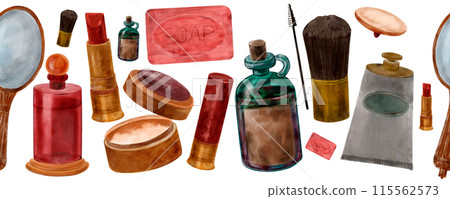 Vintage border pattern with red lipstick, gold mirror, powder, puff, cream, brush, beauty drawn in watercolor in retro style. Vintage cosmetics 115562573