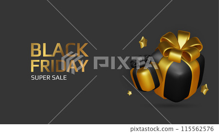 Black Friday super sale. Promo background with realistic 3d cartoon style elements, black megaphone, percent symbols. Promotion banner, web poster. vector illustration 115562576