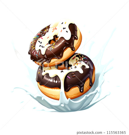 Donuts in dark and white chocolate with splashes isolated on a transparent background Donuts in dark and white chocolate with splashes isolated on a transparent background 115563365