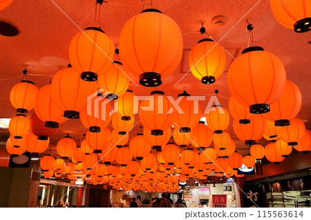 Red lanterns hanging from the ceiling Red lanterns hanging from the ceiling 115563614