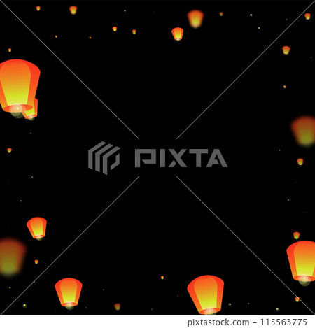 Yi peng festival card. Thailand holiday with paper lantern lights flying in the night sky. Traditional Yi Peng celebration. Vector illustration on black background. Yi peng festival card. Thailand holiday with paper lantern lights flying in the night sky. Traditional Yi Peng celebration. Vector illustration on black background. 115563775