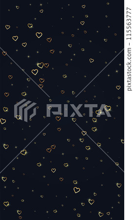 Valentine hearts, flying, falling down, floating. Gold hearts scattered on black background. Lovable valentine hearts vector illustration. 115563777