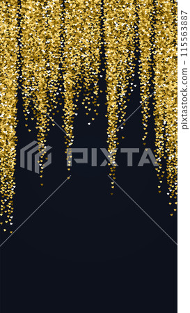 Valentine hearts, flying, falling down, floating. Gold hearts scattered on black background. Lovable valentine hearts vector illustration. 115563887