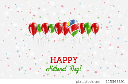 Namibia Independence Day Sparkling Patriotic Poster. Row of Balloons in Colors of the Namibian Flag. Greeting Card with National Flags, Confetti and Stars. 115563891