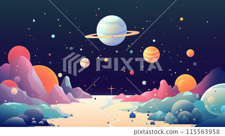 A colorful space scene with a large planet in the center A colorful space scene with a large planet in the center 115563958