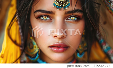 Portrait of a beautiful woman with clear light eyes in a sari with jewelry 115564272