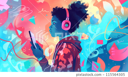 African teenager listens to music in wireless headphones, holding smartphone 115564305