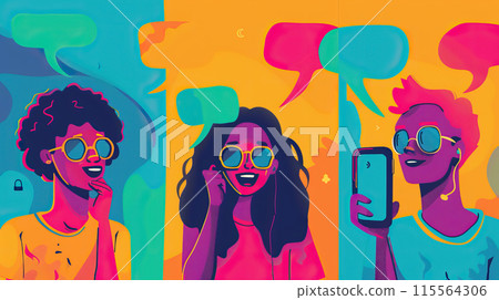 Teenagers and students communicate on social media and text each other using smartphones 115564306