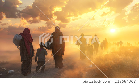 A crowd of women with children are fleeing the war in search of shelter. 115564308