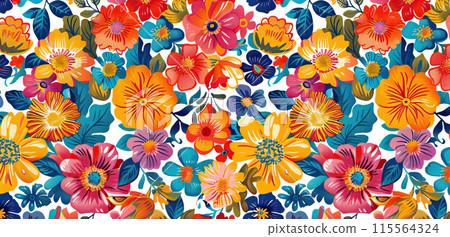 Multicolored numerous flowers of different sizes on a white illustrated background Multicolored numerous flowers of different sizes on a white illustrated background 115564324