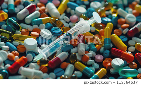 anti drug day. The syringe is among the many illegal narcotic pills. 115564637