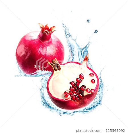 Pomegranate with juice splash isolated on a transparent background 115565092