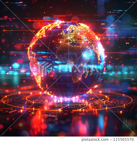 A vibrant dynamic representation of the global hologram rotate by digital information evoking advanced technology of cybernetic 115565570