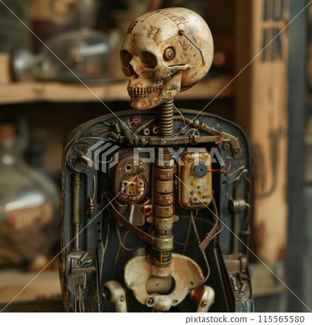 A retro robot mechanic assembling robots from junk in a post apocalyptic setting 115565580