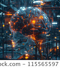 3D image of a brain that integrates organic and robotic elements in a sci-fi theme. 115565597