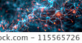 Digital representations of human brain cells link and learn from vast libraries of large data, appearing as cybernetic and glowing AI. 115565726