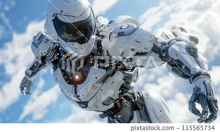 Power and futuristic warfare are evoked by a sleek white humanoid robot fighter in real life. Power and futuristic warfare are evoked by a sleek white humanoid robot fighter in real life. 115565734
