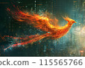 A computerized wizard and a legendary phoenix fighting in flames symbolizing the cutting edge of cybernetics technology 115565766