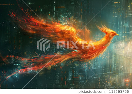 A computerized wizard and a legendary phoenix fighting in flames symbolizing the cutting edge of cybernetics technology A computerized wizard and a legendary phoenix fighting in flames symbolizing the cutting edge of cybernetics technology 115565766