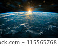 This view from space shows the Earth from a distance with sunlight 115565768