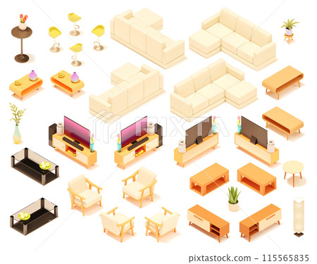 Vector isometric home furniture and home equipment set Vector isometric home furniture and home equipment set 115565835