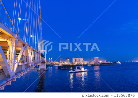 (Tokyo) View of Odaiba from Rainbow Bridge, passing ships 115565876