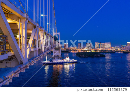 (Tokyo) View of Odaiba from Rainbow Bridge, passing ships 115565879