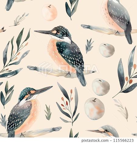 Abstract Watercolor Birds and Botanical Elements Pattern 115566223