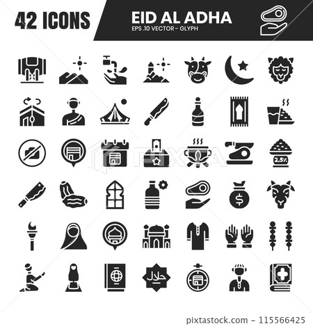 Eid al adha glyph icon set. A collection of glyph icons celebrating Eid al-Adha. Vector illustration. Eid al adha glyph icon set. A collection of glyph icons celebrating Eid al-Adha. Vector illustration. 115566425