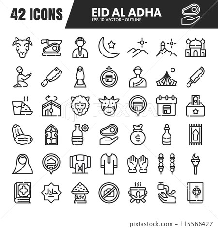 Eid al adha outline icon set.A collection of outline icons celebrating Eid al-Adha. Vector illustration. 115566427