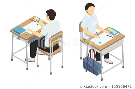 等距插畫:在課桌學習的男學生(夏裝) 等距插畫:在課桌學習的男學生(夏裝) 115566471