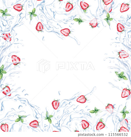 Strawberries and mint in splashes of water are framed on a watercolor illustration on a white background. Hand drawn water for illustration of fresh fruits, lemonades, drinks, restaurant menu design. Strawberries and mint in splashes of water are framed on a watercolor illustration on a white background. Hand drawn water for illustration of fresh fruits, lemonades, drinks, restaurant menu design. 115566532