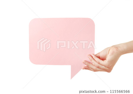 Hand holding an pink empty speech bubble isolated on white background 115566566