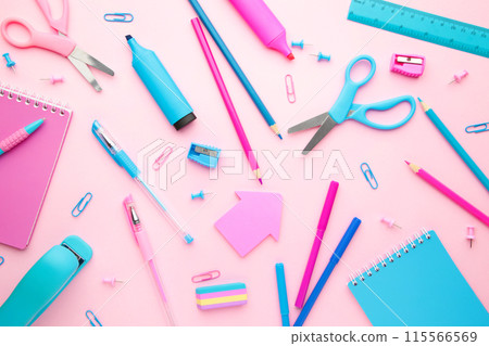 School supplies on pink background. Back to school. Flat lay. Minimalism School supplies on pink background. Back to school. Flat lay. Minimalism 115566569