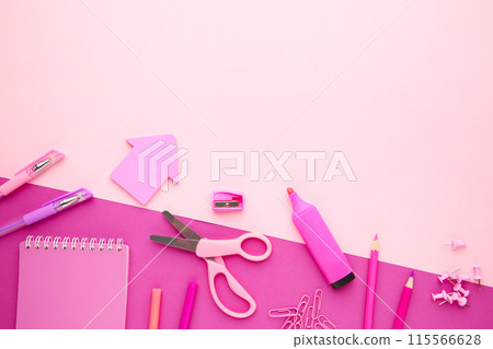 School supplies on pink background with copy space. Back to school. Flat lay. School supplies on pink background with copy space. Back to school. Flat lay. 115566628