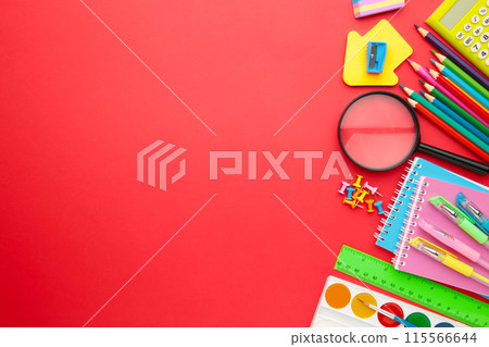 Back to school concept on red background. Top view Back to school concept on red background. Top view 115566644