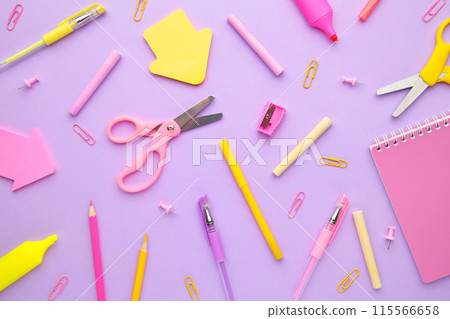 School supplies on pink background. Back to school. Flat lay. Minimalism School supplies on pink background. Back to school. Flat lay. Minimalism 115566658