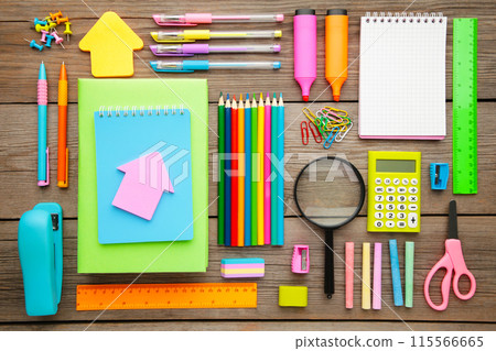 Back to school concept on grey background. Top view Back to school concept on grey background. Top view 115566665