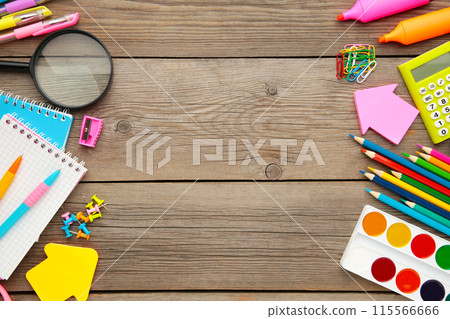Back to school concept on grey wooden background. Top view 115566666