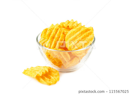 Potato chips on bowl isolated on white background Potato chips on bowl isolated on white background 115567025