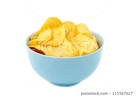 Potato chips in blue bowl isolated on white background Potato chips in blue bowl isolated on white background 115567027