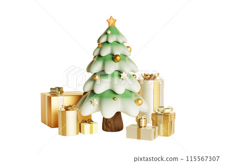 white and gold color christmas tree with gift boxes 3D image 115567307
