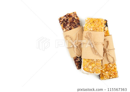 Energy bars - snack for healthy still life isolated on white background. Energy bars - snack for healthy still life isolated on white background. 115567363
