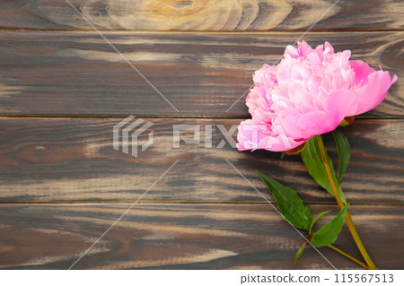 Pink peony flowers on brown wooden background. Pink peony flowers on brown wooden background. 115567513