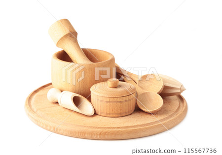 Collection of wooden kitchen utensils isolated on white background. 115567736
