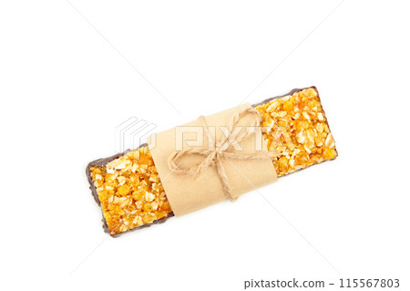 Energy bar - snack for healthy still life isolated on white background. Energy bar - snack for healthy still life isolated on white background. 115567803