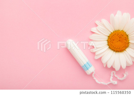 Medicinal chamomile flower and menstrual sanitary tampon. Woman critical days, gynecological menstruation cycle. Medicinal chamomile flower and menstrual sanitary tampon. Woman critical days, gynecological menstruation cycle. 115568350