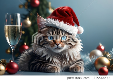 Cute kitten in a New Year's hat with a glass of champagne. New Year card 115568548