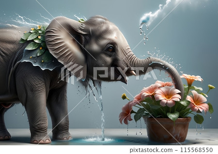 cute baby elephant watering a flower, isolated on a blue background 115568550